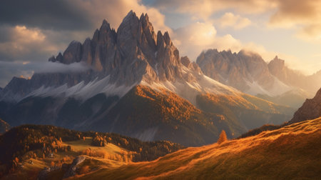 the majestic grandeur of snow-capped peaks, their ruggedness juxtaposed against the vastness of the surrounding landscape. The light casts a golden glow, highlighting the texturesの素材