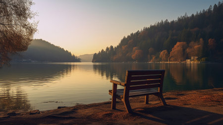 the serene beauty of a lakeside scene, capturing the peacefulness and natural splendor. the tranquil atmosphere, with the mirror-like reflection of the landscape on the calm waters.の素材
