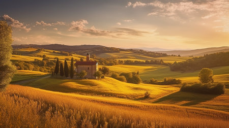 the serene beauty of a landscape during the magical golden hour. The warm, golden sunlight bathes the scene, casting a soft and ethereal glow. The tranquil and the interplay of light and shadowsの素材