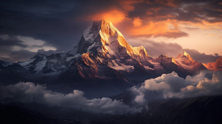 the majestic grandeur of snow-capped peaks, their ruggedness juxtaposed against the vastness of the surrounding landscape. The light casts a golden glow, highlighting the texturesの素材