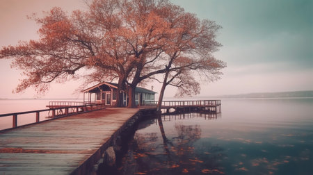 the serene beauty of a lakeside scene, capturing the peacefulness and natural splendor. the tranquil atmosphere, with the mirror-like reflection of the landscape on the calm waters.の素材