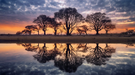 the serene beauty of a landscape mirrored in a calm and still water body, creating mesmerizing reflections. The stillness of the water perfectly mirrors the surrounding natural elementsの素材