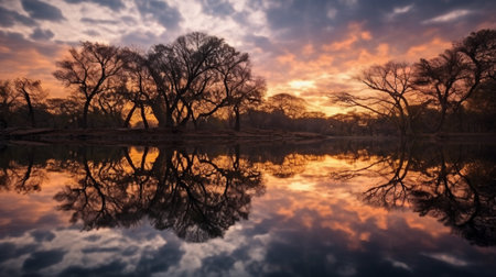 the serene beauty of a landscape mirrored in a calm and still water body, creating mesmerizing reflections. The stillness of the water perfectly mirrors the surrounding natural elementsの素材