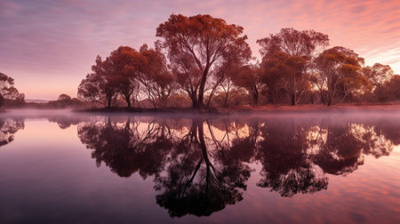 the serene beauty of a landscape mirrored in a calm and still water body, creating mesmerizing reflections. The stillness of the water perfectly mirrors the surrounding natural elementsの素材