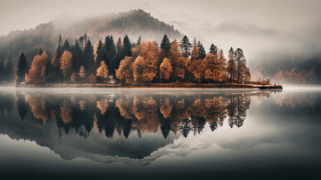 the serene beauty of a landscape mirrored in a calm and still water body, creating mesmerizing reflections. The stillness of the water perfectly mirrors the surrounding natural elementsの素材