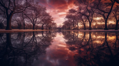 the serene landscapes that are mirrored in lakes, ponds, or rivers, creating a mesmerizing effect. The tranquil waters act as a perfect mirror, reflecting the surrounding scenery with stunning clarityの素材