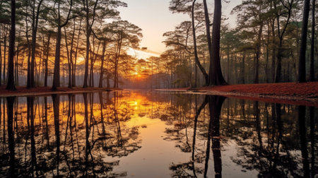 the serene landscapes that are mirrored in lakes, ponds, or rivers, creating a mesmerizing effect. The tranquil waters act as a perfect mirror, reflecting the surrounding scenery with stunning clarityの素材