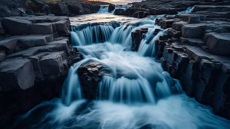 the dynamic and graceful flow of waterfalls in various settings. From serene cascades in lush forests to powerful torrents in rugged landscapes, the beauty and motion of waterfalls.の素材