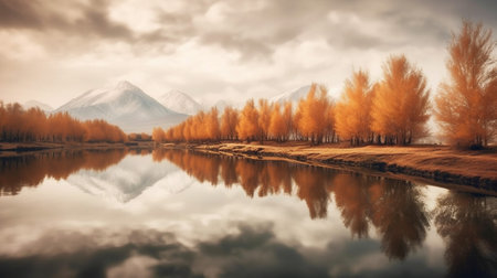the serene landscapes that are mirrored in lakes, ponds, or rivers, creating a mesmerizing effect. The tranquil waters act as a perfect mirror, reflecting the surrounding scenery with stunning clarityの素材