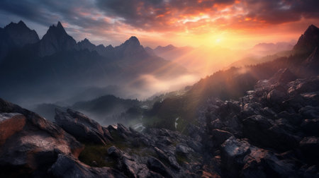 the sun illuminate the towering peaks, casting a warm and golden glow over the majestic mountain ranges. This breathtaking landscape captures the magic of dawn breaking over the tranquil valleysの素材