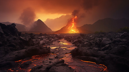 the raw power and captivating allure of volcanic landscapes. Explore these otherworldly regions and unique geological features, dramatic textures, and the fascinating interplay of light and shadow.の素材