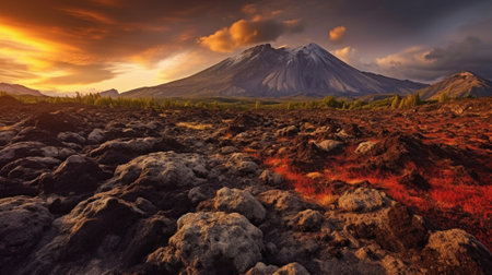 the raw power and captivating allure of volcanic landscapes. Explore these otherworldly regions and unique geological features, dramatic textures, and the fascinating interplay of light and shadow.の素材