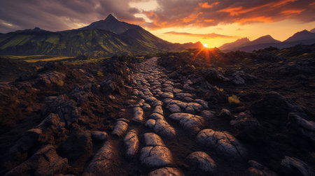 the raw power and captivating allure of volcanic landscapes. Explore these otherworldly regions and unique geological features, dramatic textures, and the fascinating interplay of light and shadow.の素材