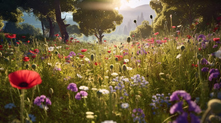 the ethereal beauty of wildflower meadows as landscapes bursting with an array of vibrant colors. dreamy scenes, where delicate petals sway in the gentle breeze, a captivating and magical ambiance.の素材