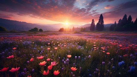 the ethereal beauty of wildflower meadows as landscapes bursting with an array of vibrant colors. dreamy scenes, where delicate petals sway in the gentle breeze, a captivating and magical ambiance.の素材