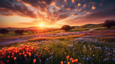 the ethereal beauty of wildflower meadows as landscapes bursting with an array of vibrant colors. dreamy scenes, where delicate petals sway in the gentle breeze, a captivating and magical ambiance.の素材