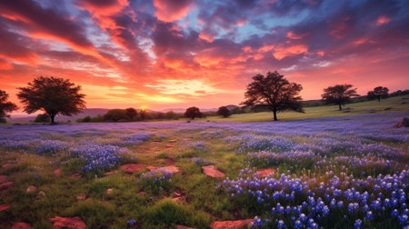 the ethereal beauty of wildflower meadows as landscapes bursting with an array of vibrant colors. dreamy scenes, where delicate petals sway in the gentle breeze, a captivating and magical ambiance.の素材