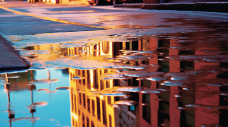 hidden reflections by seeking out unexpected surfaces act as mirrors. The image captures an intriguing abstract reflection found in an unconventional location, such as a puddle or a metallic objectの素材