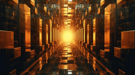 the mesmerizing world of a mirror maze. The photograph captures a moment within a labyrinth of multiple mirrors, where intricate patterns and overlapping reflections create a captivating visual puzzleの素材