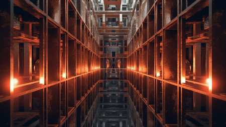 the mesmerizing world of a mirror maze. The photograph captures a moment within a labyrinth of multiple mirrors, where intricate patterns and overlapping reflections create a captivating visual puzzleの素材