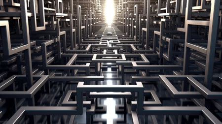 the mesmerizing world of a mirror maze. The photograph captures a moment within a labyrinth of multiple mirrors, where intricate patterns and overlapping reflections create a captivating visual puzzleの素材