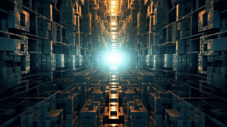 the mesmerizing world of a mirror maze. The photograph captures a moment within a labyrinth of multiple mirrors, where intricate patterns and overlapping reflections create a captivating visual puzzleの素材