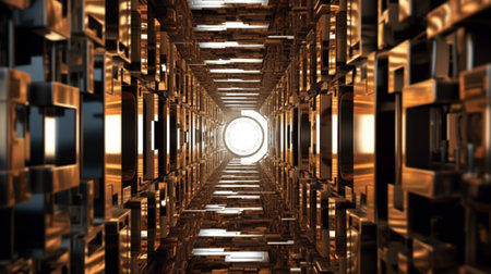 the mesmerizing world of a mirror maze. The photograph captures a moment within a labyrinth of multiple mirrors, where intricate patterns and overlapping reflections create a captivating visual puzzleの素材