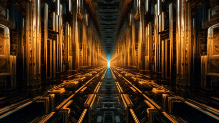 the mesmerizing world of a mirror maze. The photograph captures a moment within a labyrinth of multiple mirrors, where intricate patterns and overlapping reflections create a captivating visual puzzleの素材