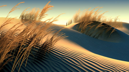 the ethereal beauty of nature's dance with the wind. The image showcases graceful ripples and mesmerizing patterns formed on sand dunes or in grassy fields as the gentle breeze caresses them.の素材