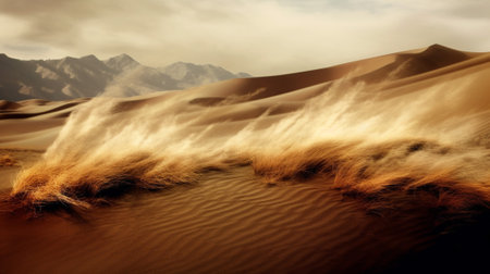 the ethereal beauty of nature's dance with the wind. The image showcases graceful ripples and mesmerizing patterns formed on sand dunes or in grassy fields as the gentle breeze caresses them.の素材