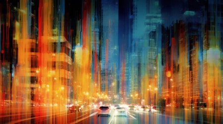 a bustling cityscape, where the intentional camera movement creates streaks of vibrant light and colors. The dynamic motion blur transforms the scene into an abstract symphony of urban trafficの素材