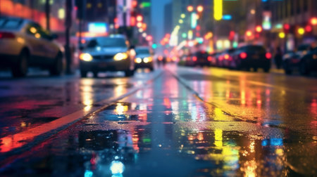 the city at night, capturing the captivating bokeh created by colorful lights emanating from towering buildings, passing cars, and glowing street lampsの素材