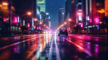 the city at night, capturing the captivating bokeh created by colorful lights emanating from towering buildings, passing cars, and glowing street lampsの素材