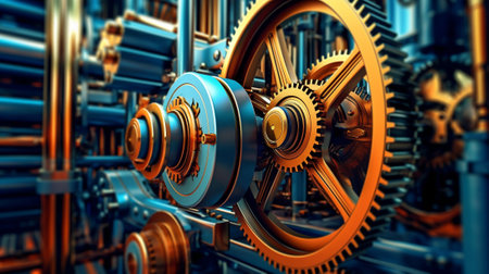 interplay of geometric forms in motion within an industrial setting. The image showcases the dynamic and abstract shapes created by the movement of industrial machinery or equipmentの素材