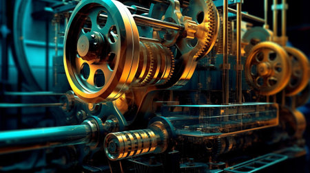 interplay of geometric forms in motion within an industrial setting. The image showcases the dynamic and abstract shapes created by the movement of industrial machinery or equipmentの素材