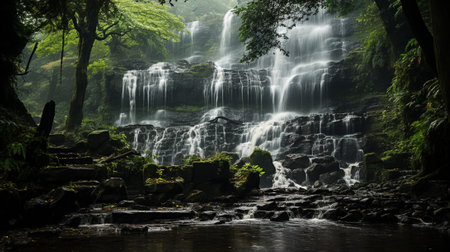 the hidden waterfalls nestled within a lush, untouched landscape. Discover the mesmerizing flow of water as it cascades down rocky cliffs, surrounded by a tranquil atmosphere.の素材