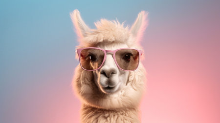 a cute alpaca radiating charm as it dons a pair of trendy sunglasses. Set against a captivating pastel background, the alpaca exudes a unique blend of playfulness and style.の素材