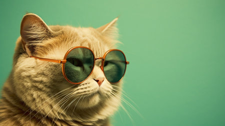 a humorous moment as a mischievous feline adorns a pair of stylish sunglasses while posing against a delightful pastel backdrop. create an atmosphere of pure amusement, showcasing the charming anticsの素材