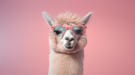 a cute alpaca radiating charm as it dons a pair of trendy sunglasses. Set against a captivating pastel background, the alpaca exudes a unique blend of playfulness and style.の素材