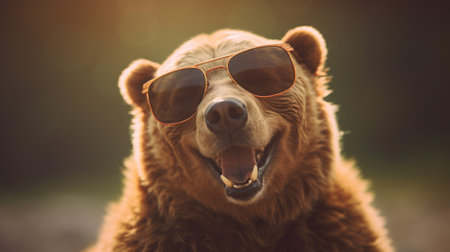 a charming bear wearing stylish sunglasses against a backdrop of a serene pastel-colored background. The bear exudes a sense of confidence and relaxation as it enjoys the sunny dayの素材