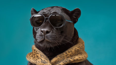 the iconic Black Panther donning stylish sunglasses against a captivating pastel background. The image exudes an air of confidence, coolness, and adventure. The pastel hues making it visually strikingの素材