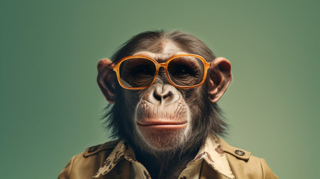 a chimpanzee exuding a stylish and playful vibe as it sports a pair of trendy sunglasses. Against a pastel background, the chimpanzee's unique fashion statement stands outの素材