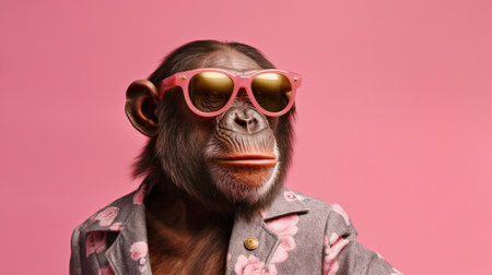 a chimpanzee exuding a stylish and playful vibe as it sports a pair of trendy sunglasses. Against a pastel background, the chimpanzee's unique fashion statement stands outの素材