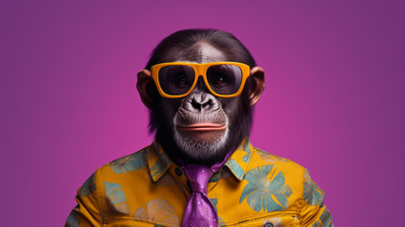 a chimpanzee exuding a stylish and playful vibe as it sports a pair of trendy sunglasses. Against a pastel background, the chimpanzee's unique fashion statement stands outの素材