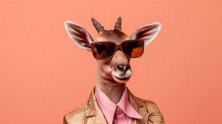 an antelope with a playful twist, sporting a pair of trendy sunglasses against a delightful pastel background. The antelope exudes confidence adding a touch of whimsy to its natural charm.の素材