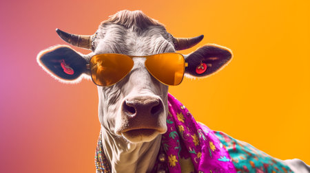 a cow that exudes a trendy and confident vibe. Against a pastel background, the cow is seen wearing a pair of stylish sunglasses that add a touch of swag to its appearance.の素材