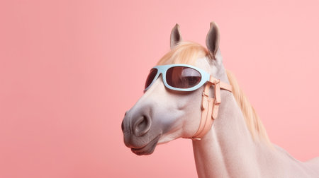 a horse dons a pair of sunglasses. The horse stands against a dreamy pastel background, creating a visually striking and playful composition. The sunglasses add an element of whimsy and personalityの素材