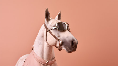 a horse dons a pair of sunglasses. The horse stands against a dreamy pastel background, creating a visually striking and playful composition. The sunglasses add an element of whimsy and personalityの素材