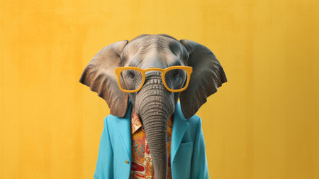 an endearing elephant donning a pair of trendy sunglasses, set against a delightful pastel background. The juxtaposition of the majestic creature and the fashionable accessoryの素材