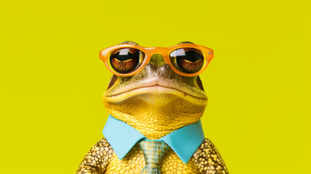 An adorable frog strikes a fashionable pose, sporting a trendy pair of sunglasses. Set against a delightful pastel background, this image captures the essence of a laid-back and stylish amphibian.の素材